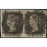 Great Britain 1840 One Penny Black Plate III FA-FB horizontal pair large margins, black Maltese...
