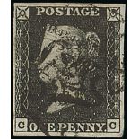 Great Britain 1840 One Penny Black Plate Ib CC on blueté paper, good to large margins, black Ma...