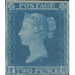 Great Britain 1841 Two Pence Blue Plate 4 TG (left-hand transfer roller lines and firmer side l...