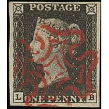 Great Britain 1840 One Penny Black Plate Ib LB recut sidelines, good to large margins, crisp re...