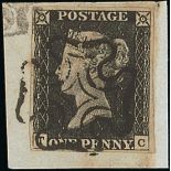 Great Britain 1840 One Penny Black Plate III TC good to large margins all round, tied to piece...