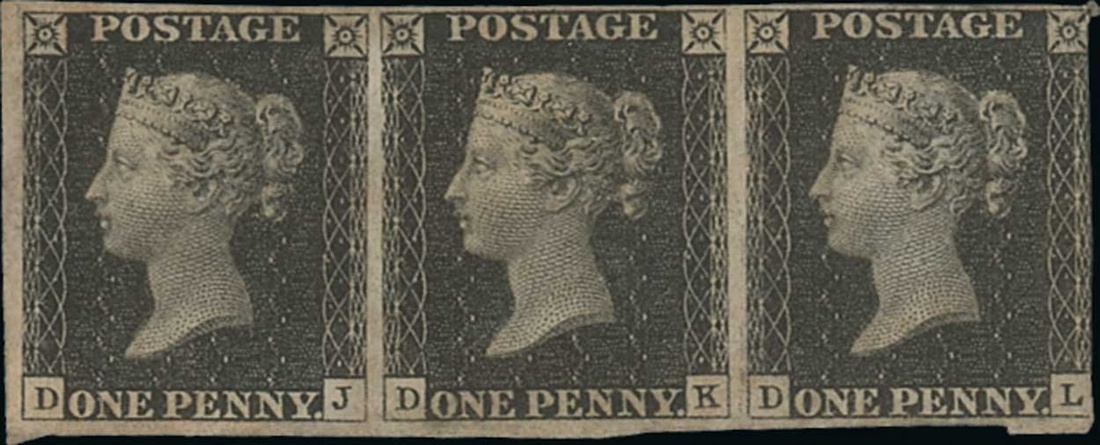 Great Britain 1840 One Penny Black Plate VII DJ-DL horizontal strip of three, DL cut into at ri...