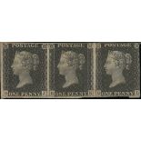 Great Britain 1840 One Penny Black Plate VII DJ-DL horizontal strip of three, DL cut into at ri...