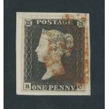 Great Britain 1840 One Penny Black Plate III RC close to large margins, tied to piece by slight...