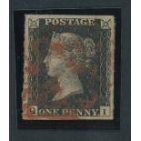 Great Britain 1840 One Penny Black Plate V QI large margins, vivid red Maltese Cross cancellati...