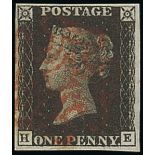 Great Britain 1840 One Penny Black Plate V HE double letter H, good to large margins all round,...