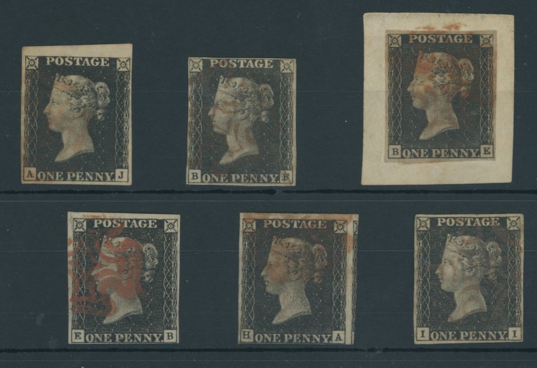 Great Britain 1840 One Penny Black Plate VII AJ, BB, BE, EB, HA and II, close to large margins...