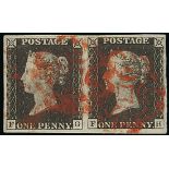 Great Britain 1840 One Penny Black Plate Ib FG-FH horizontal pair, large to very large margins...