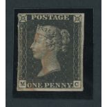 Great Britain 1840 One Penny Black Plate V MC close to large margins all round, light red Malte...