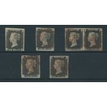 Great Britain 1840 One Penny Black Plate III AB, AJ, CD-CE horizontal pair, CJ and EE, each can...