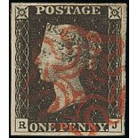 Great Britain 1840 One Penny Black Plate III RJ large margins, crisp red Maltese Cross cancella...