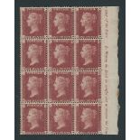 Great Britain 1864-79 One Penny Plate Numbers Plate 130: LJ-OL, block of twelve (3x4) from the...