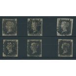 Great Britain 1840 One Penny Black Plate VIII AD, EH, LK, ML, RD and SA, each cancelled in blac...