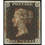 Great Britain 1840 One Penny Black Plate VII AJ large balanced margins, red Maltese Cross cance...
