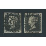 Great Britain 1840 One Penny Black Plate IV EG and TG, each cancelled in black, close to large...