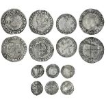 Tudor, Stuart and Commonwealth silver coins (7), Elizabeth I (3), Shilling, 5.78g, m.m. tun (S....