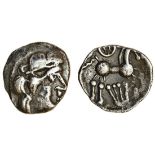 Regni, uninscribed coinage (c. 60-20 BC), silver Unit, 'Sussex Lyre' type, 1.27g, diademed head...