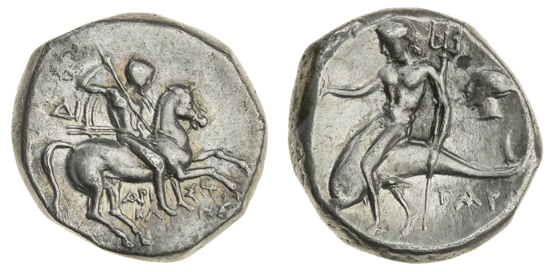 Calabria, Taras (Tarentum) (c. 272-240 BC), AR Nomos, 6.47g, magistrate Aristokles, nude rider...