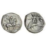 Calabria, Taras (Tarentum) (c. 272-240 BC), AR Nomos, 6.47g, magistrate Aristokles, nude rider...