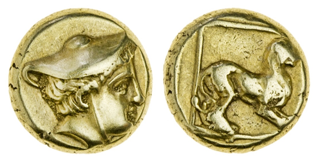 Lesbos, Mytilene (c. 377-326 BC), EL Hekte, 2.53g, head of Hermes right, wearing petasos, rev....