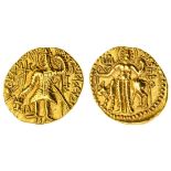 Kushan, Vasudeva II (c.267-300), gold Dinar, 7.85g, nimbate and crowned king standing left, mak...