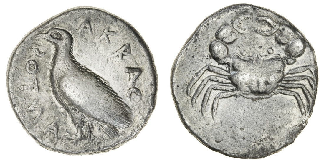 Sicily, Akragas (c. 495-480/78 BC), AR Didrachm, 8.58g, sea-eagle standing left, akra-gantos in...