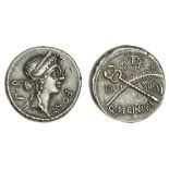 Q. Sicinius (49 BC), AR Denarius, 3.71g, Rome, diademed head of Fortuna right, fort p r in surr...