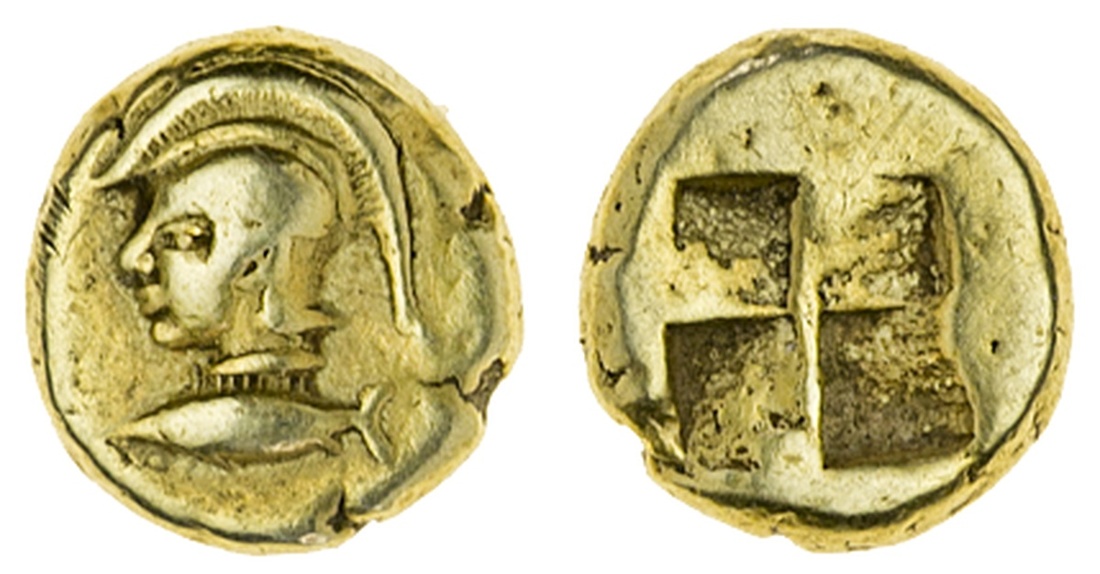 Asia Minor, Mysia (c. 550-450 BC), EL Hemihekte, 1.36g, helmeted head of Athena on tunny left,...