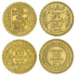 Tunisia, gold 100-Francs, AH1351 / 1932, gold 20-Francs, AH1322 / 1904A (KM 234, 257), the fir...