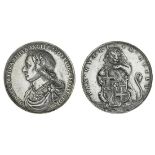 Oliver Cromwell, Lord Protector, 1653, in silver, by T. Simon, armoured and draped bust left, r...