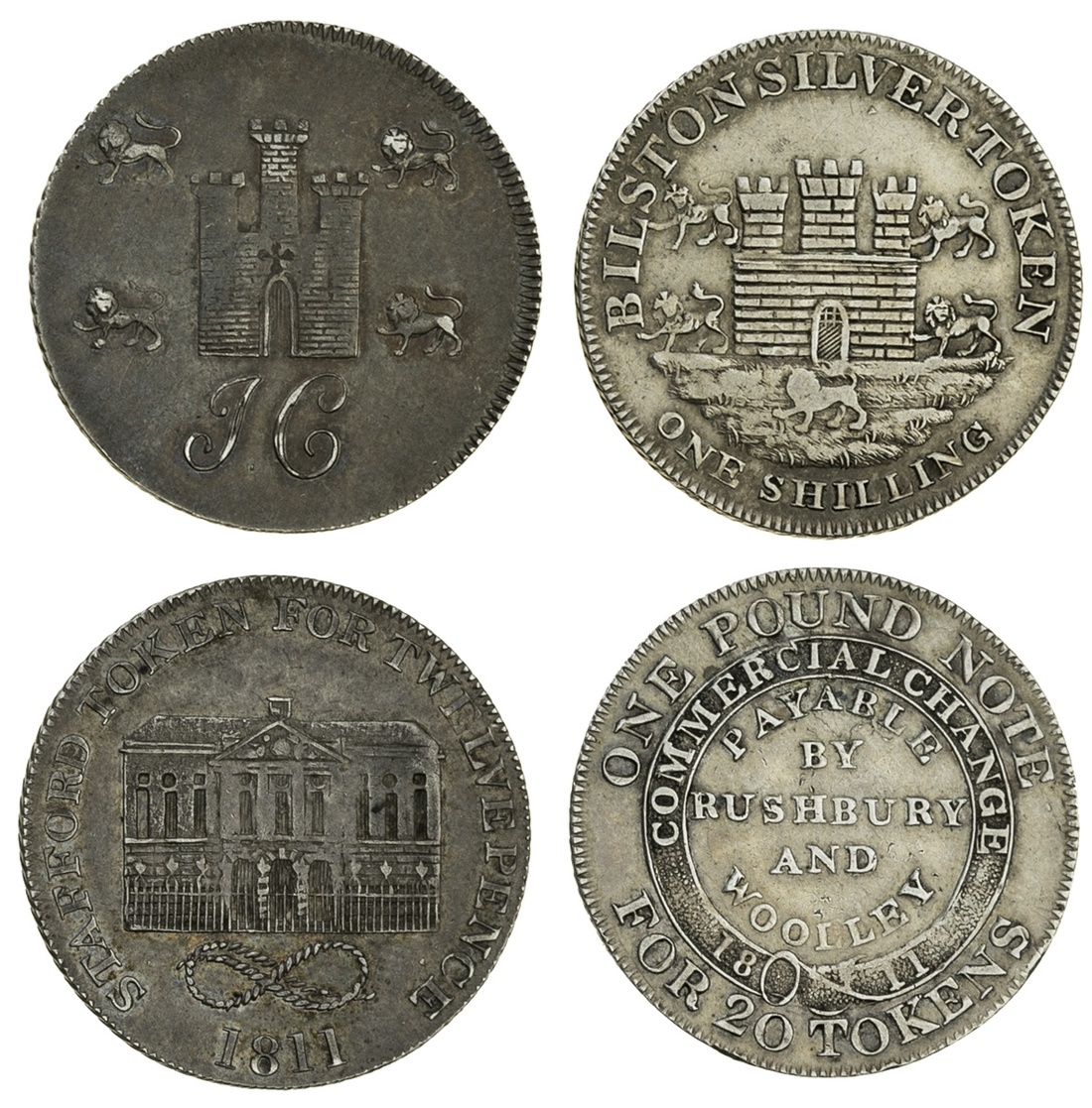 19th Century silver Shilling tokens, Staffordshire (2), Bilston, Rushburn and Wooley (Davis 2);...