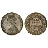 British India, Victoria (1837-1901), AE Half-Anna, 1862, Madras, A / I, bust with 4½ panels in...