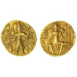 Later Kushan, Shaka (c.305-35), gold Dinar, 7.83g, king standing left, making offerings to smal...