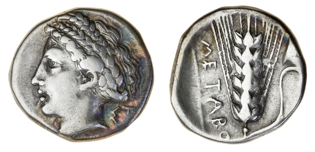 Lucania, Metapontion (Metapontum) (c. 330-290 BC), AR Didrachm or 'Nomos', 7.57g, laureate head...