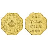 India, Private Tola Coinage, H.M. Mint, Bombay, gold Tola, undated, rev. one tola fine -996-, s...