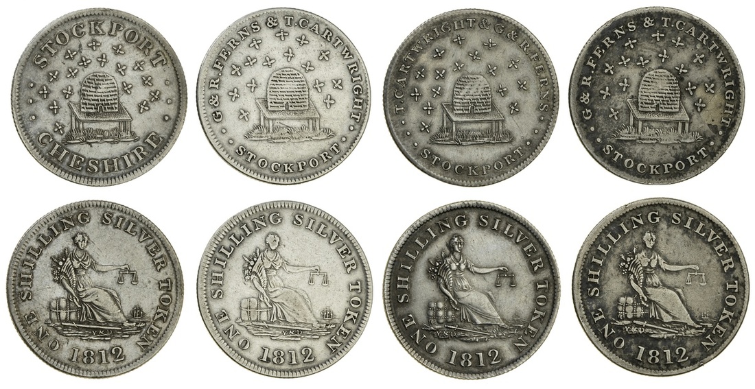 Cheshire, Stockport, tokens, 1812 (4), bee hive (Davis 4); also, G & R Ferns & T. Cartwright (3...