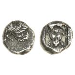 Ionia, Samos (c. 526-22 BC), AR Drachm, 3.17g, forepart of winged boar left, rev. lion scalp se...