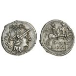 Q. Marcius Libo (148 BC), AR Denarius, 3.82g, Rome, helmeted head of Roma right, x below chin,...