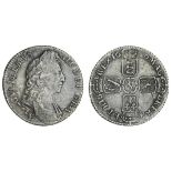 William III (1694-1702), Shilling, 1696, Exeter, first laureate and draped bust right, e below,...