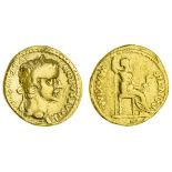 Tiberius (14-37), AV Aureus, Lugdunum, 7.73g, bare head right, rev. pontif maxim, Livia (?) sea...