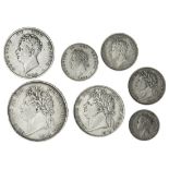 George IV, silver coins (7), including Crown, 1822; Halfcrowns (2), 1823; 1826; also, Shillings...
