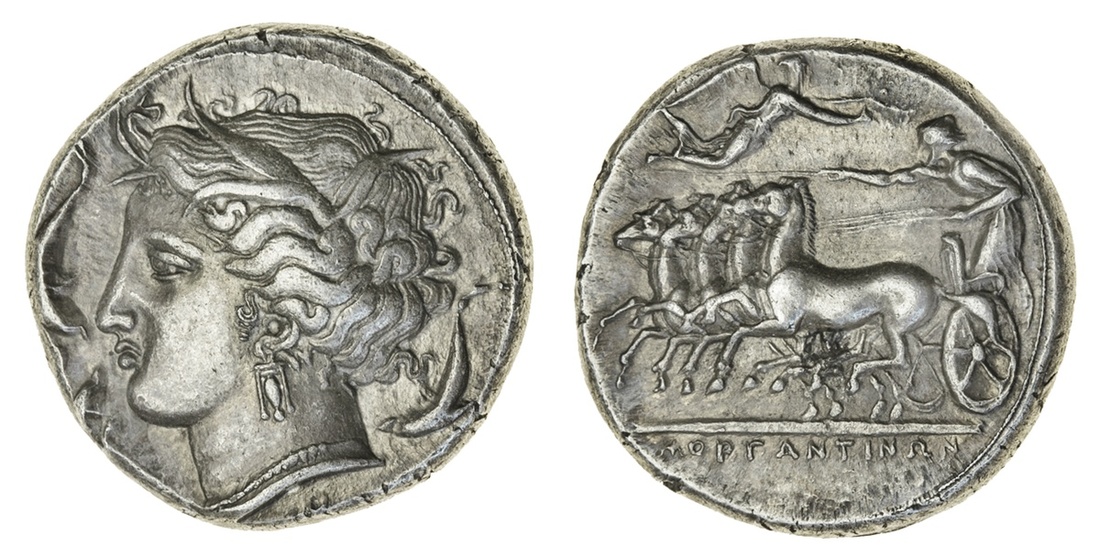 Sicily, Morgantina (c. 340 BC), AR Tetradrachm, 17.09g, head of Kore-Persephone left, wearing b...