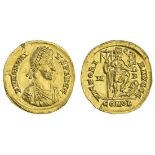 Honorius (393-423), AV Solidus, 4.46g, Mediolanum, c. AD 394-395, diademed, draped and cuirasse...