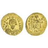 Phocas (602-610), AV Solidus, 4.42g, Constantinople, plume-helmeted, draped and cuirassed bust...