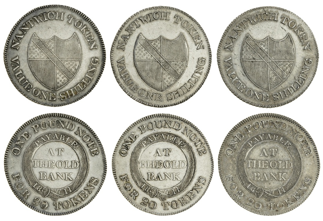 Cheshire, Nantwich, One Shilling Tokens, 1811 (3), shield, rev. payable at the old bank in gart...