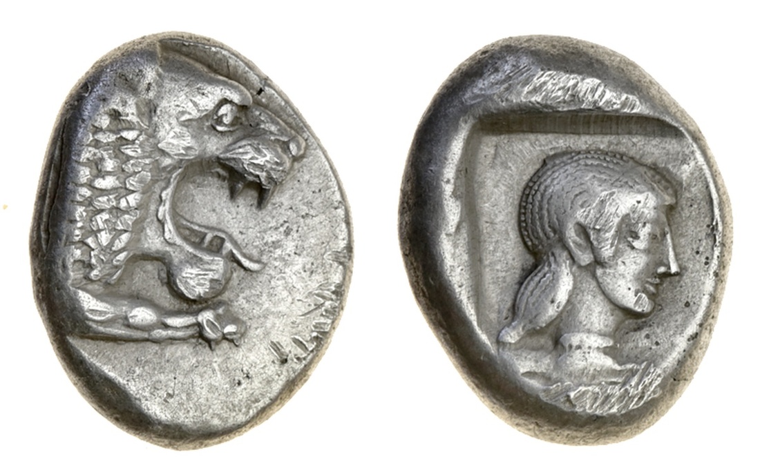 Caria, Knidos (c. 510-450 BC), AR Drachma, 6.17g, forepart of lion right, rev. archaic head of...