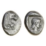 Caria, Knidos (c. 510-450 BC), AR Drachma, 6.17g, forepart of lion right, rev. archaic head of...