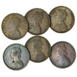 British India, Victoria (1837-1901), AE Half-Annas (6), 1862, Bombay / Madras mints, A / I, var...