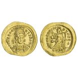 Theodosius II (402-450), AV Solidus, 4.42g, Constantinople, AD 443, helmeted and cuirassed bust...