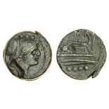 Roman Republic, Rome (c. 215-215 BC). Æ Triens, 17.82g, 29mm, helmeted head of Minerva right, r...